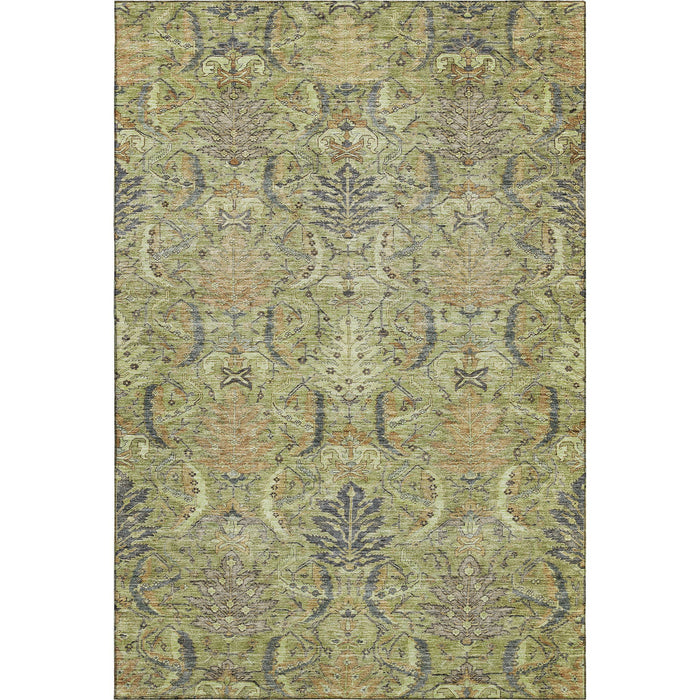 10' X 14' Damask Washable Area Rug With UV Protection (683860) - Artichoke Green / Gold / Charcoal