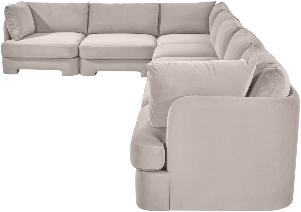 Meridian Furniture velvet performance fabric 7-piece sectional sofa with plush cushions and modern design, ideal for stylish living rooms.
