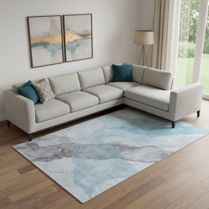 10' X 14' Abstract Washable Area Rug With UV Protection (718199) - Teal / Gray