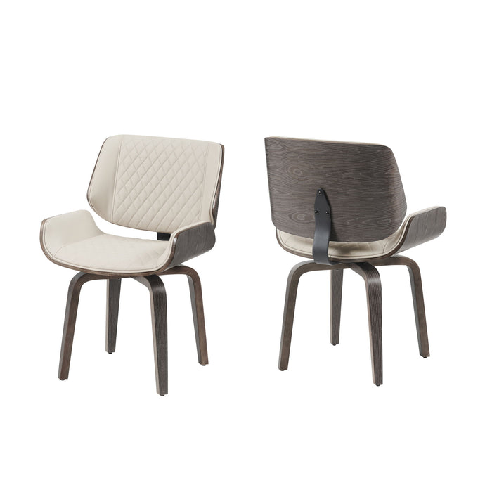 Set of two Giga Mid Century Modern dining chairs with 360° swivel, beige upholstery, bentwood frame, and ergonomic design.