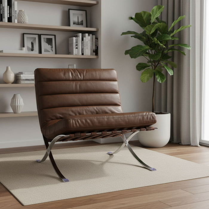 Tufted Leather Upholstered Folding Lounge Chair - Brown / Silver