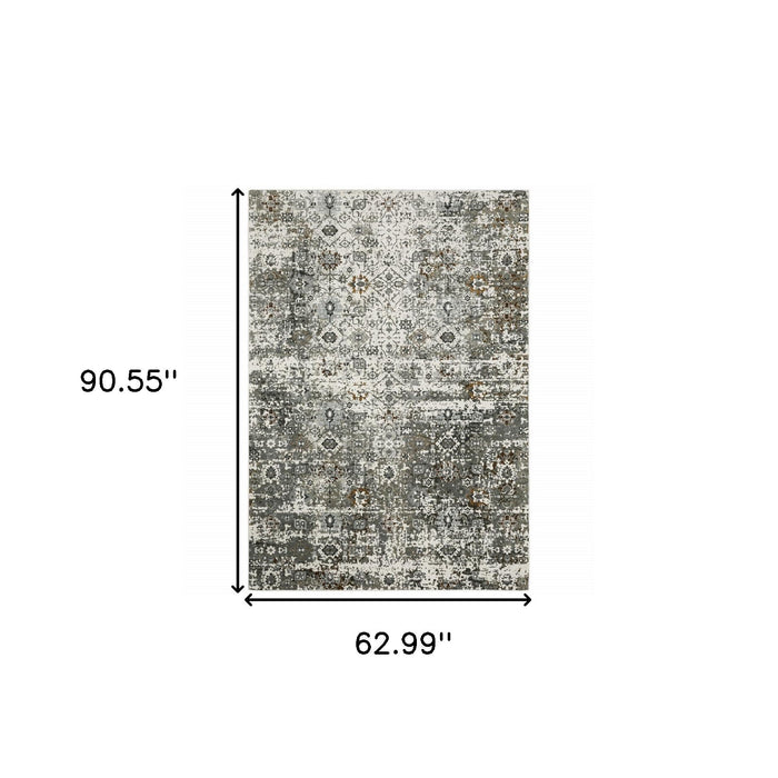 5' x 8' Oriental Power Loom Stain Resistant Area Rug - Ivory Gray Charcoal Rust Gold And Brown
