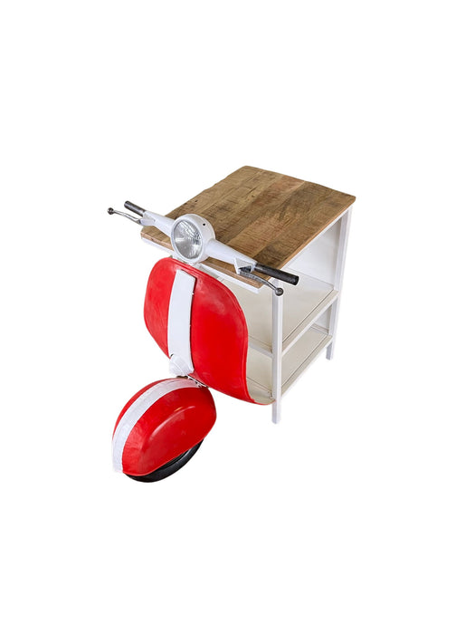 HomeRoots novelty scooter open cabinet in red and off-white with two shelves, accent storage unit for living space.