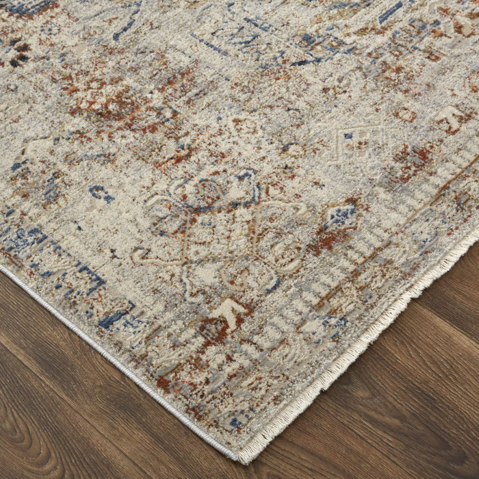 8' x 10' Floral Power Loom Distressed Area Rug With Fringe - Tan Orange And Red