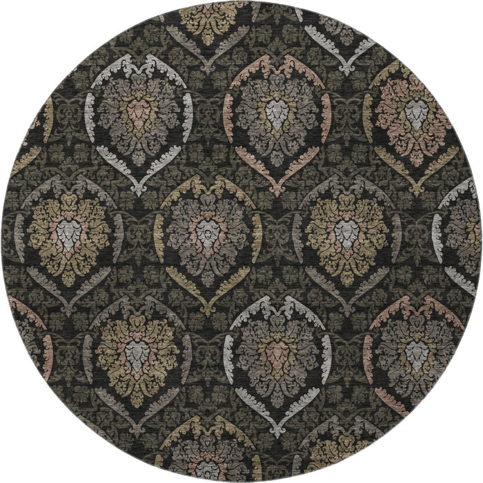 8' Medallion Washable Round Rug With UV Protection - Black / Gray