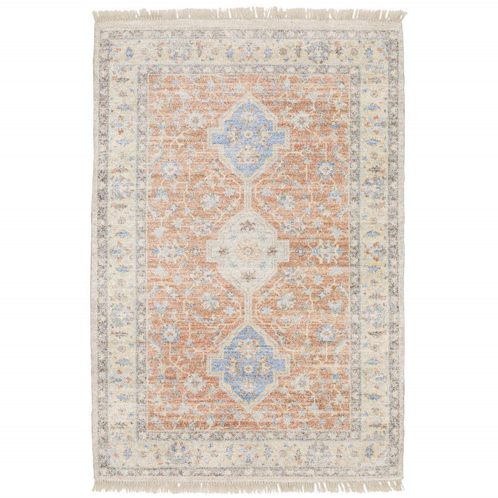 8' x 10' Oriental Hand Loomed Stain Resistant Area Rug With Fringe - Orange And Blue