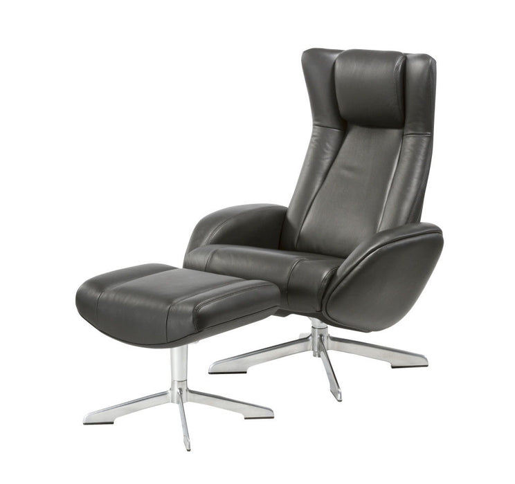Black HomeRoots tufted genuine leather manual swivel recliner with matching ottoman, featuring a plush, tufted design.