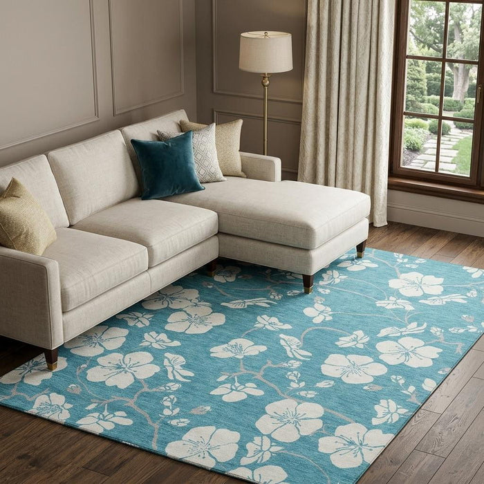 10' X 14' Floral Washable Area Rug With UV Protection (681083) - Turquoise / Ivory