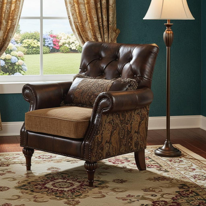 Faux Leather Floral Tufted Arm Chair - Brown And Black