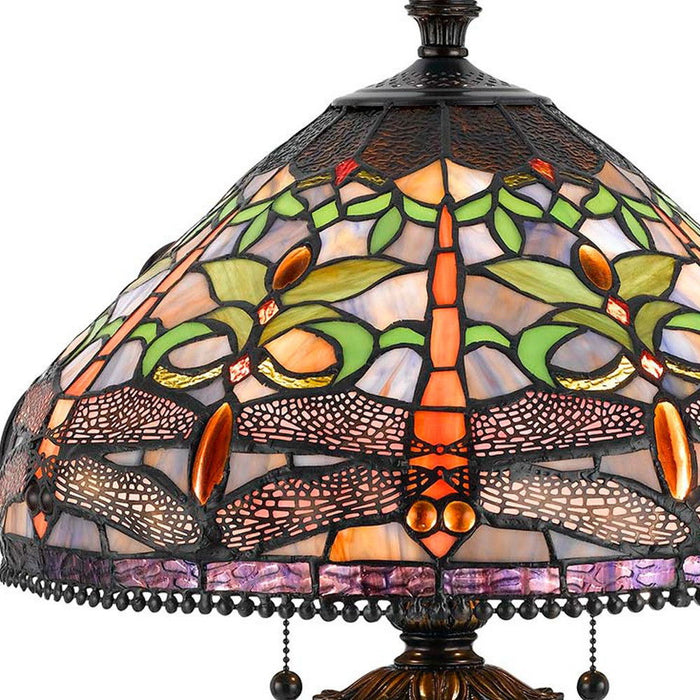 Metal Two Light Table Lamp With Purple Cone Shade - Bronze