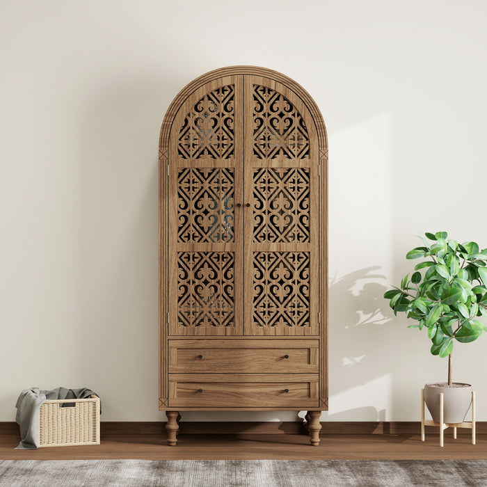 Giga Walnut tall kitchen pantry cabinet with hollow carved doors, two drawers, adjustable shelves for kitchen or dining room storage