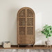 Giga Walnut tall kitchen pantry cabinet with hollow carved doors, two drawers, adjustable shelves for kitchen or dining room storage