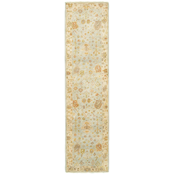 10' Wool Oriental Hand Knotted Runner Rug - Blue And Sand