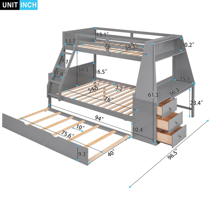 Giga bunk bed with trundle, built-in desk, three storage drawers, and a shelf, made of sturdy wood in a modern design.