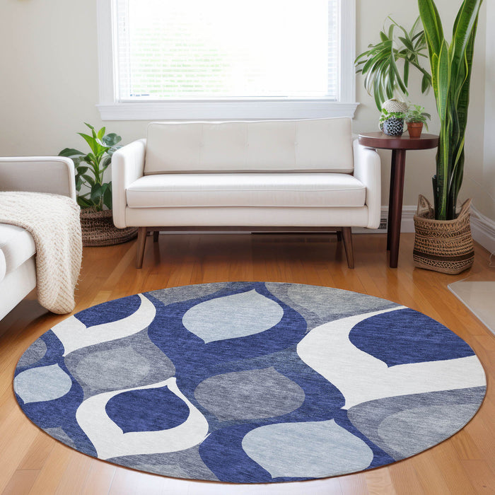 8' Ogee Washable Round Rug With UV Protection - Navy Blue