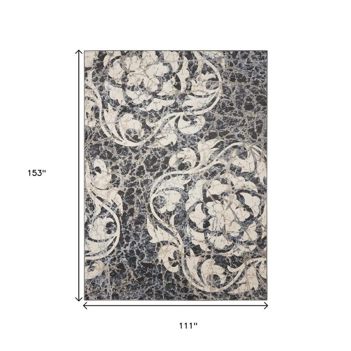 9' X 13' Floral Distressed Non Skid Area Rug (551507) - Ivory / Charcoal / Gray