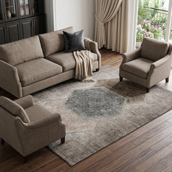10' X 14' Geometric Washable Area Rug With UV Protection (655878) - Brown / Taupe / Charcoal