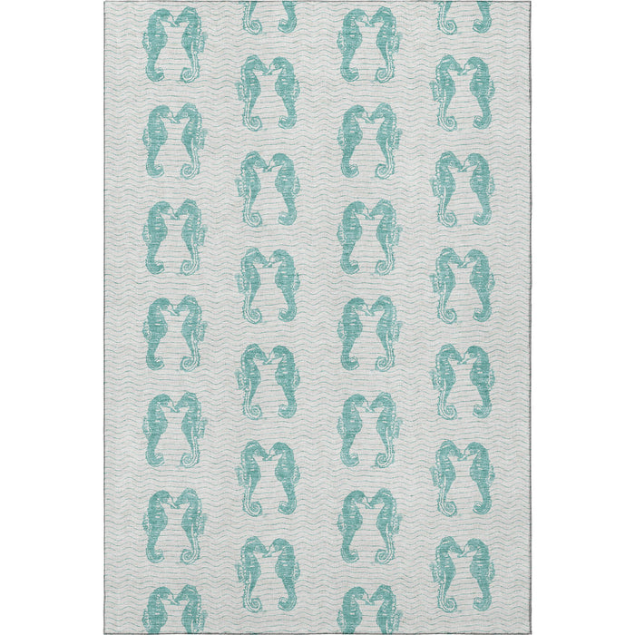 9' X 12' Geometric Washable Area Rug With UV Protection - Aqua / Ivory