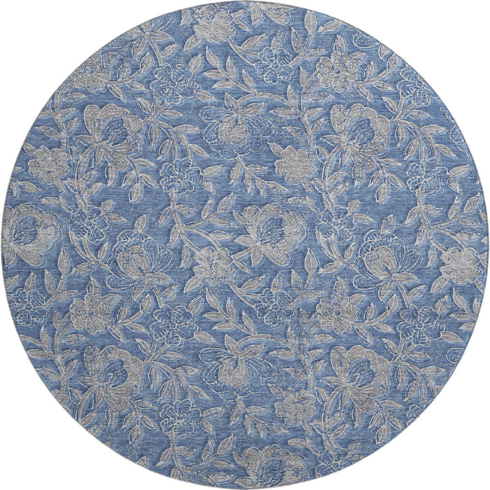 8' Floral Washable Round Rug With UV Protection - Denim Blue And Taupe