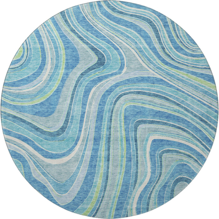 8' Marble Washable Round Rug With UV Protection - Blue
