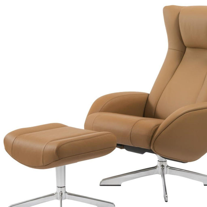HomeRoots camel tufted genuine leather manual swivel recliner with matching ottoman, showcasing plush cushioning and elegant design.