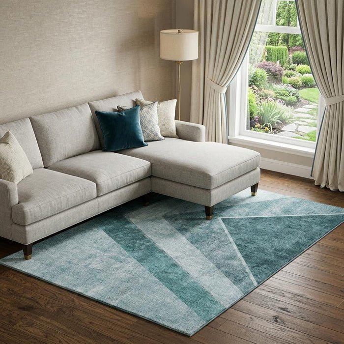 10' X 14' Geometric Washable Area Rug With UV Protection (655579) - Teal / Ivory