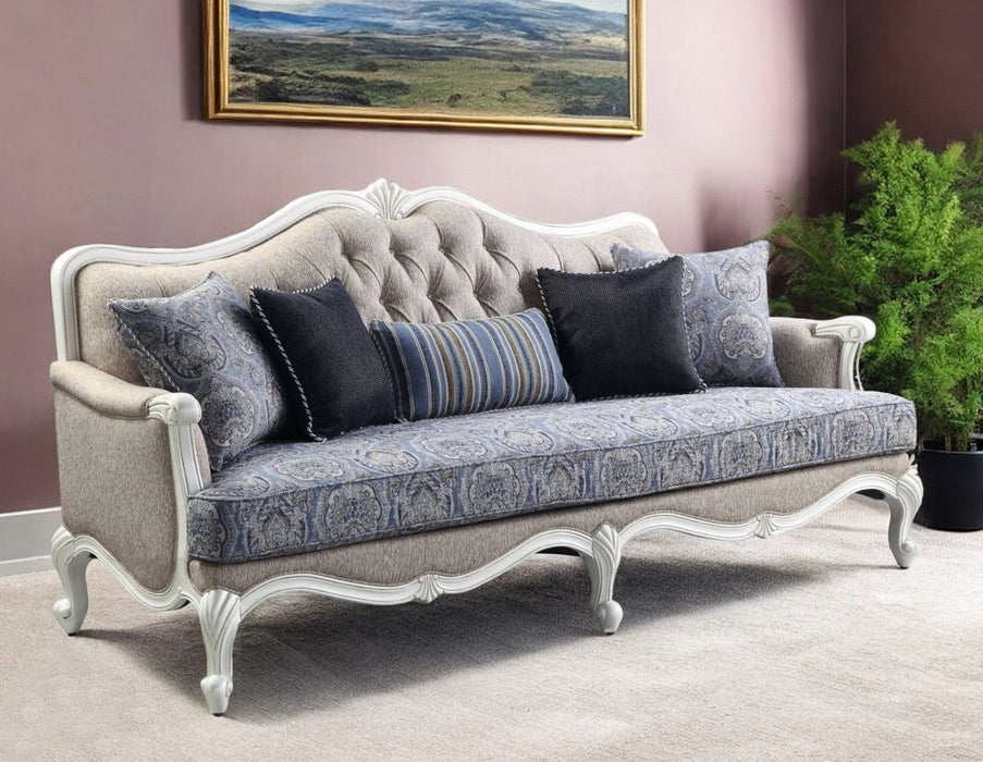 Linen Damask Sofa And Toss Pillows With White Legs - Cream