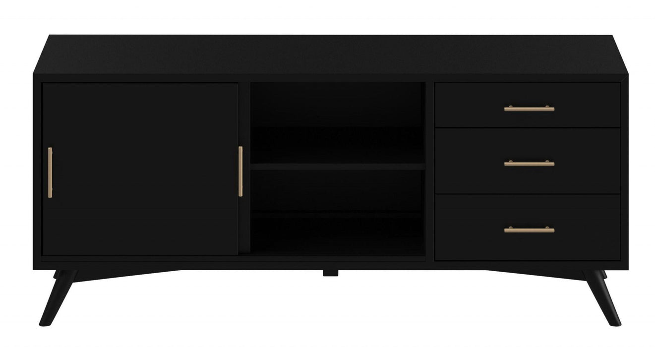 HomeRoots mahogany solids, okoume veneer open shelving TV stand in black, showcasing modern design and spacious storage.
