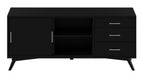 HomeRoots mahogany solids, okoume veneer open shelving TV stand in black, showcasing modern design and spacious storage.