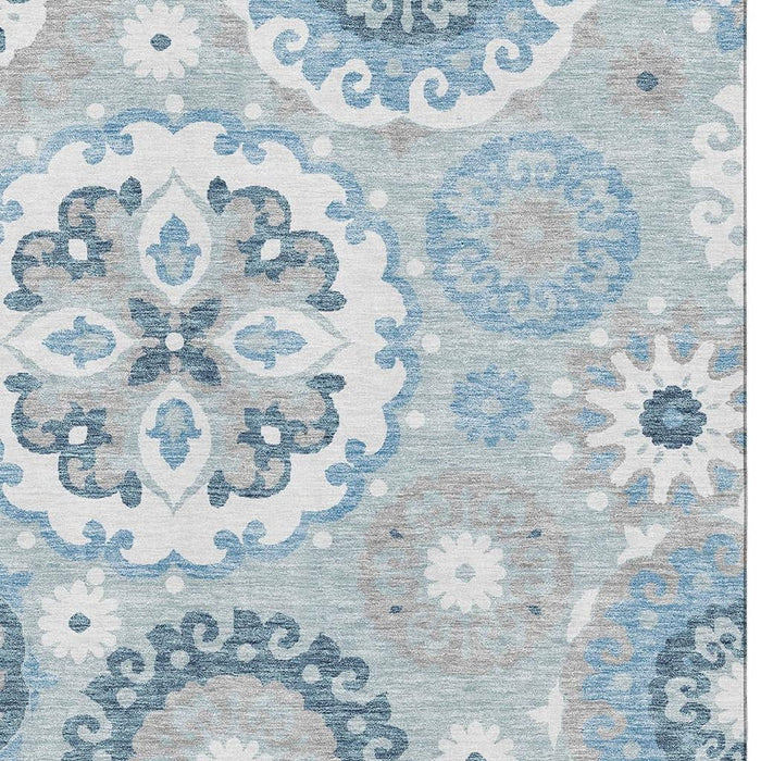 10' X 14' Medallion Washable Area Rug With UV Protection - Sky Blue / Ivory