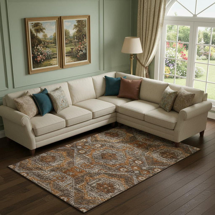 10' X 14' Abstract Geometric Washable Area Rug With UV Protection (708373) - Copper / Rust / Beige