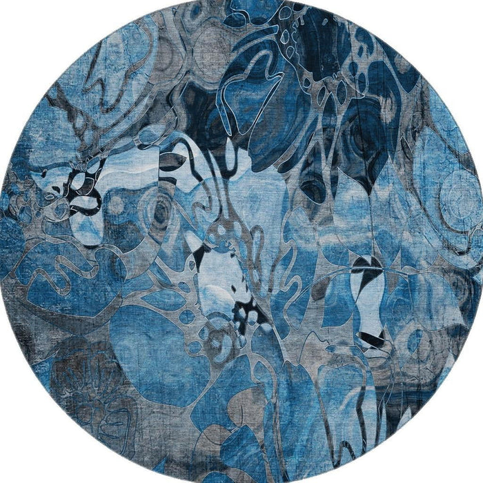 8' Abstract Distressed Washable Round Rug With UV Protection (648967) - Blue / Ivory / Gray