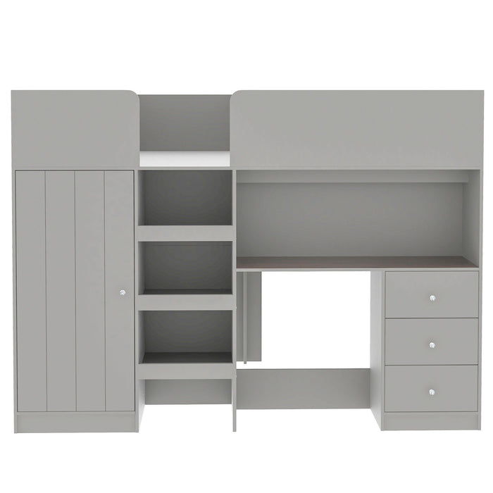 Giga loft bed with built-in wardrobe, desk, shelves, and drawers in a modern bedroom setting.