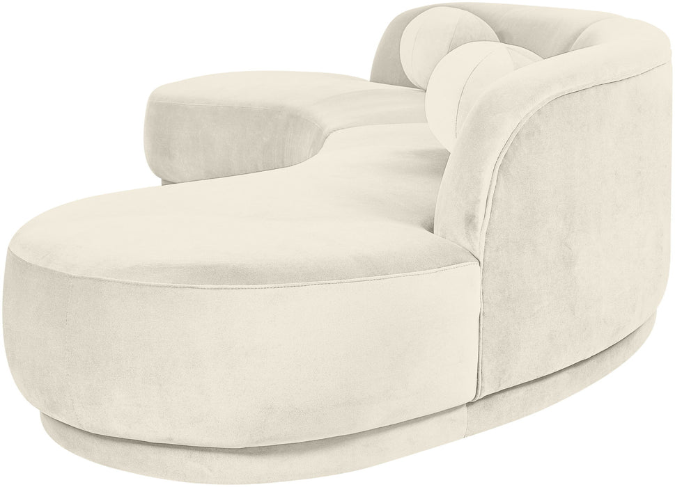 Meridian Furniture Avra 146-inch velvet upholstered sectional sofa with plush cushions and modern design for living room decor.