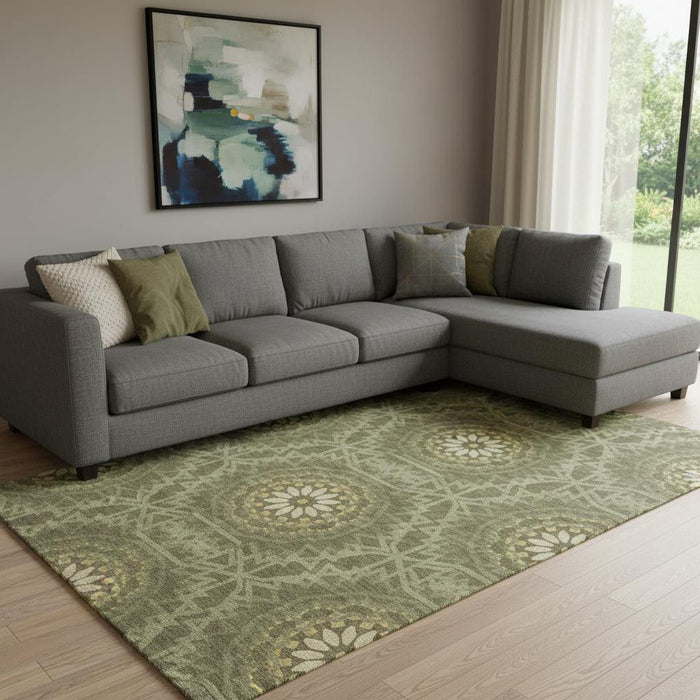10' X 14' Geometric Washable Area Rug With UV Protection (652269) - Olive Green / Gold