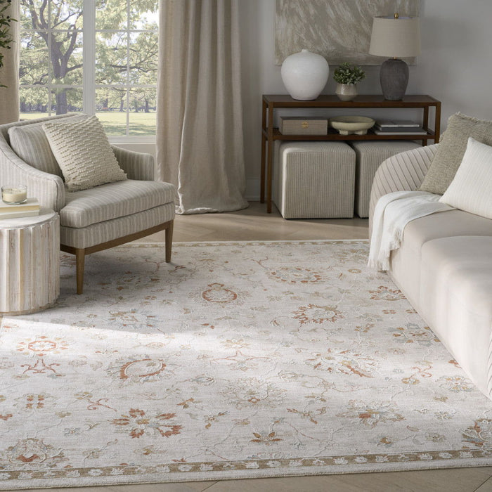 9' X 13' Floral Power Loom Distressed Area Rug With Fringe - Ivory