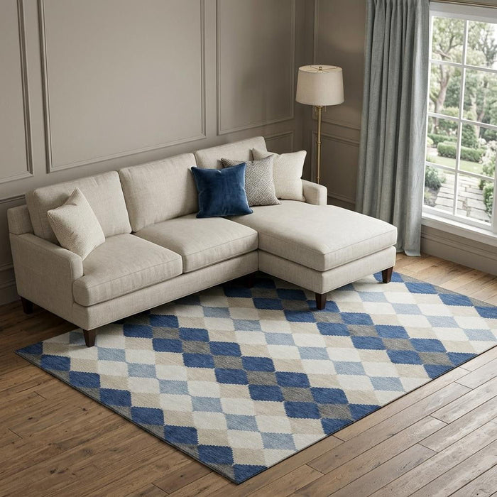 10' X 14' Geometric Washable Area Rug With UV Protection (679078) - Navy Blue / Ivory / Gray