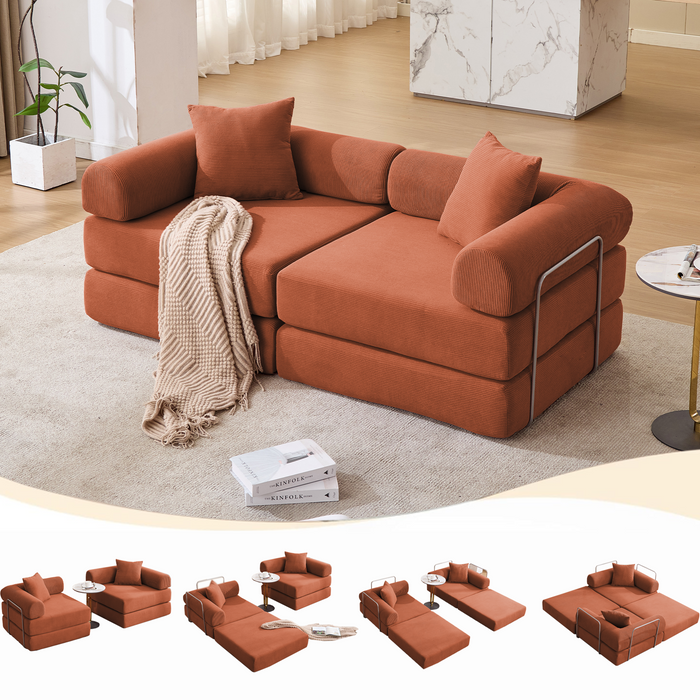 [NEW ARRIVED] [VIDEO PROVIDED]Modular Couch Sofa Bed for Apartment,Convertible Sofa Bed,Fixed-Shape Frame & Removable Armrests,Folding Mattress Couch for Small Spaces ,No Assembly ,Corduroy,Orange