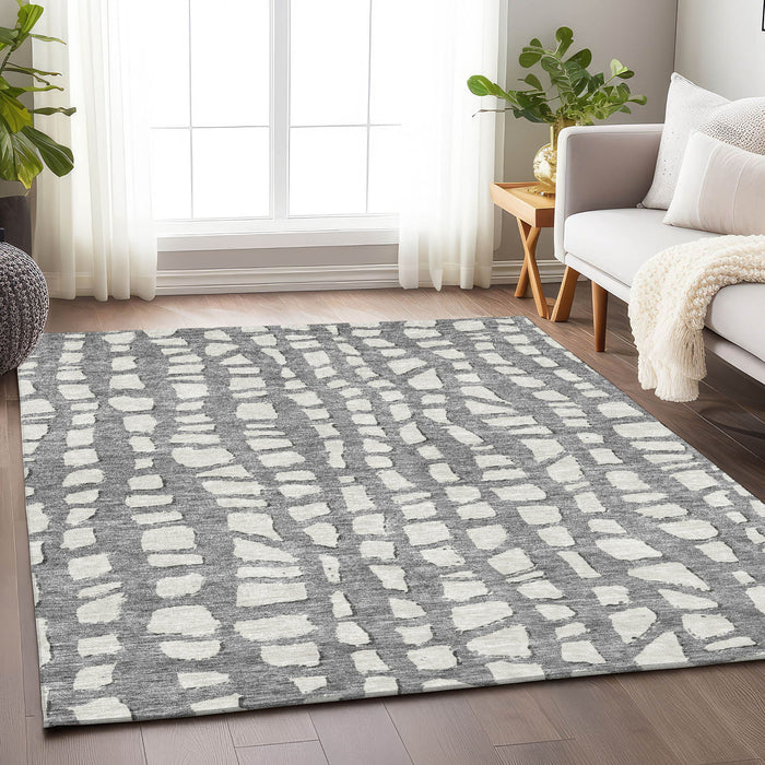 8' X 10' Cobblestone Washable Area Rug With UV Protection - Gray And Ivory