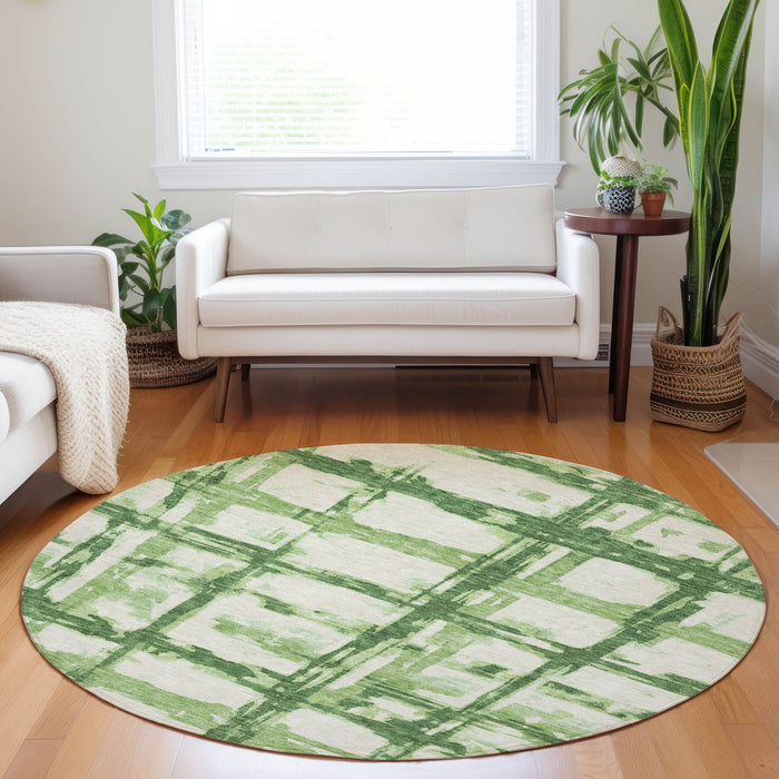 8' Striped Washable Round Rug Polyester With UV Protection - Green And Ivory