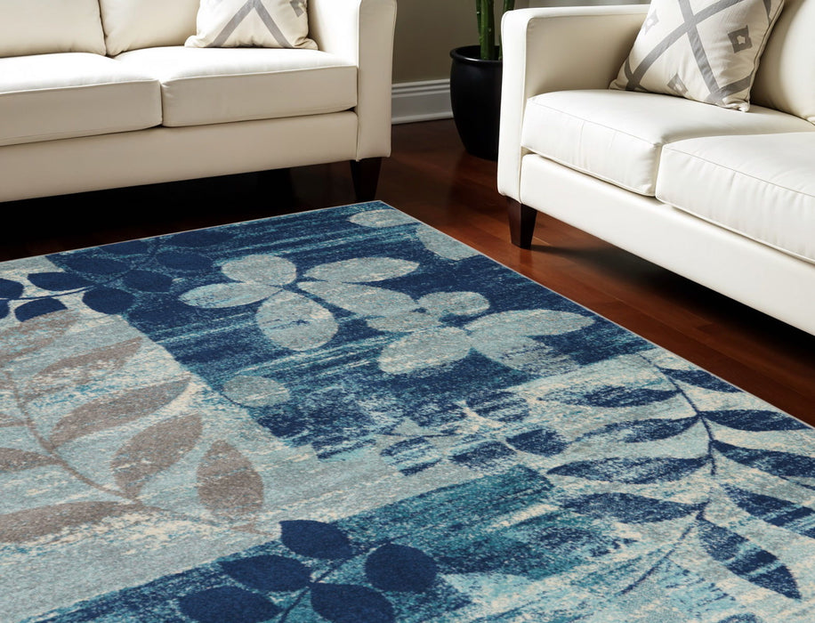 9' X 12' Boical Leaves Area Rug - Navy Blue And Ivory