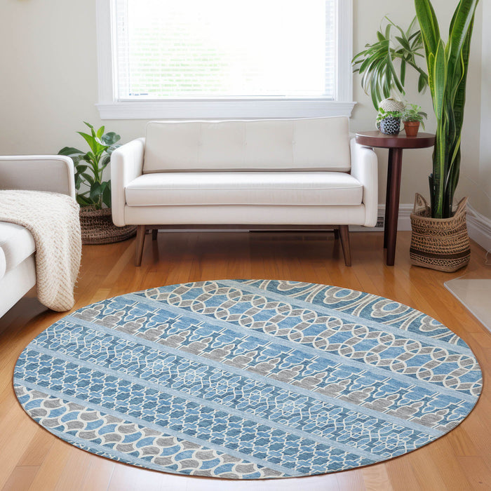 8' Transitional Ikat Washable Round Rug With UV Protection - Sky Blue