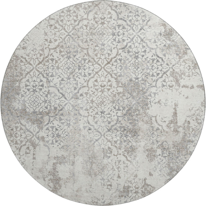 8' Abstract Washable Round Rug With UV Protection - Ivory And Gray