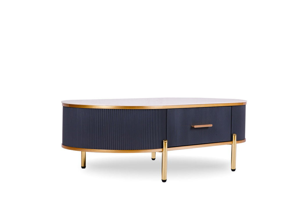 White and gold oval coffee table with stone top and stainless steel frame featuring a built-in drawer for storage.