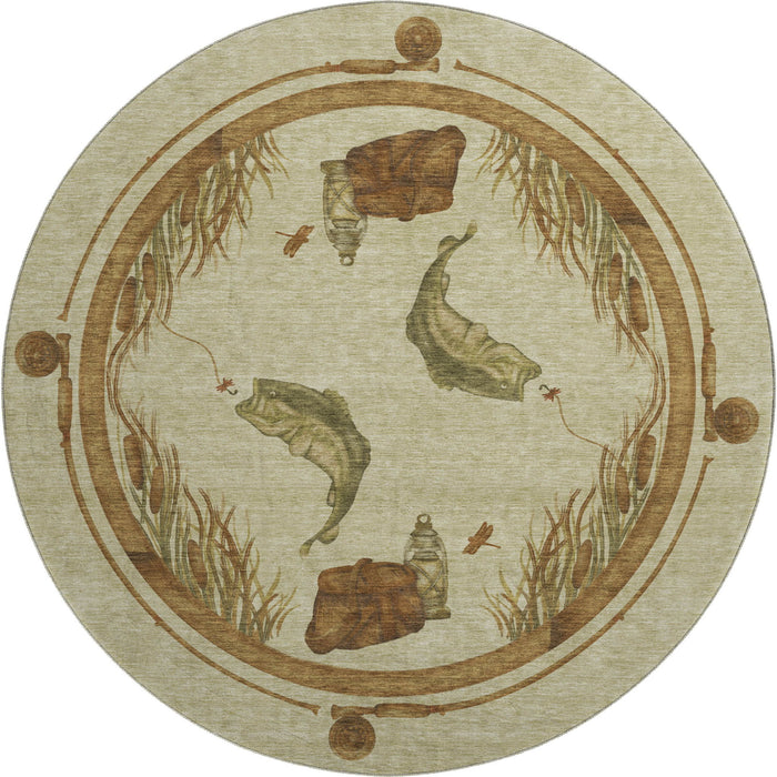 8' Nautical Washable Round Rug With UV Protection - Khaki