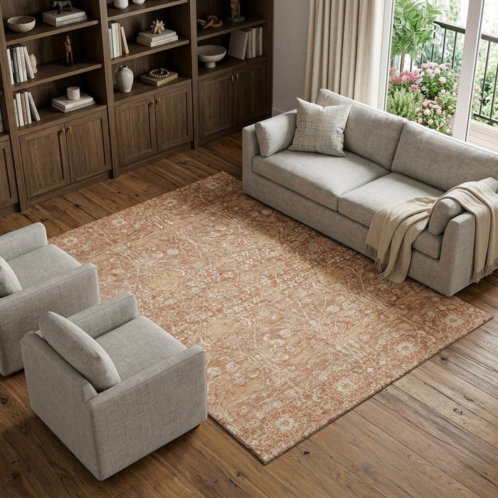 10' X 14' Floral Washable Area Rug With UV Protection (686018) - Coral / Beige