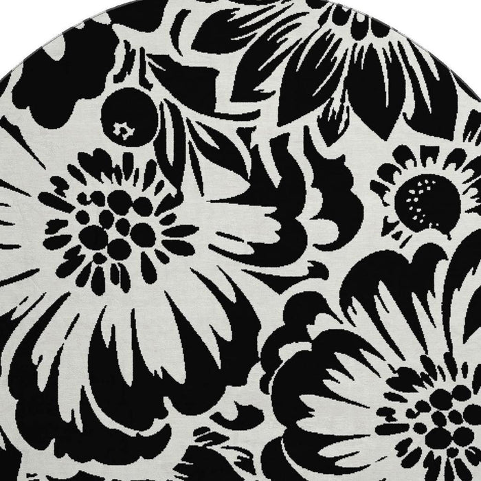 8' Floral Washable Round Rug With UV Protection (648619) - Black / Ivory
