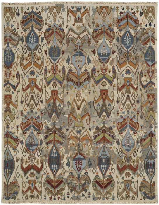 12' x 15' Wool Ikat Hand Knotted Area Rug With Fringe - Ivory Blue And Brown