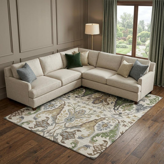 10' X 14' Floral Washable Area Rug With UV Protection (686939) - Ivory / Olive Green / Brown