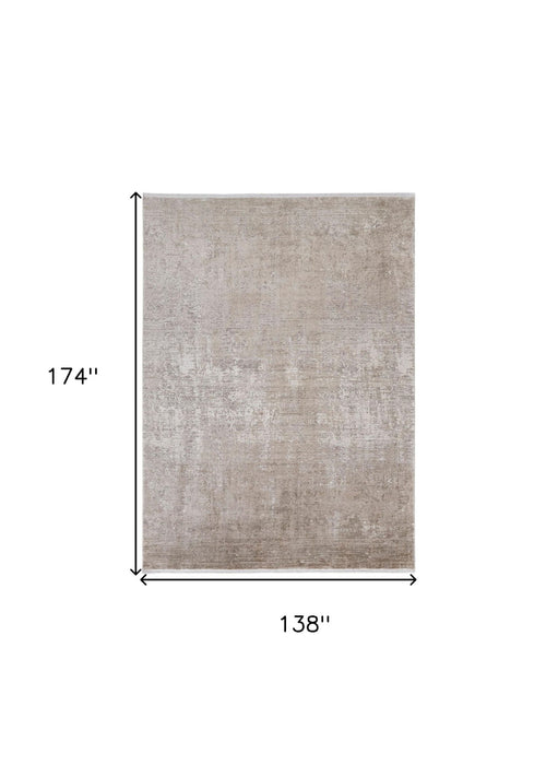 12' x 15' Abstract Power Loom Distressed Area Rug With Fringe - Tan Ivory And Gray